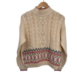 Vintage Rafferty Knitted by Hand Granny Sweater Womens L Cream Pink Romantic